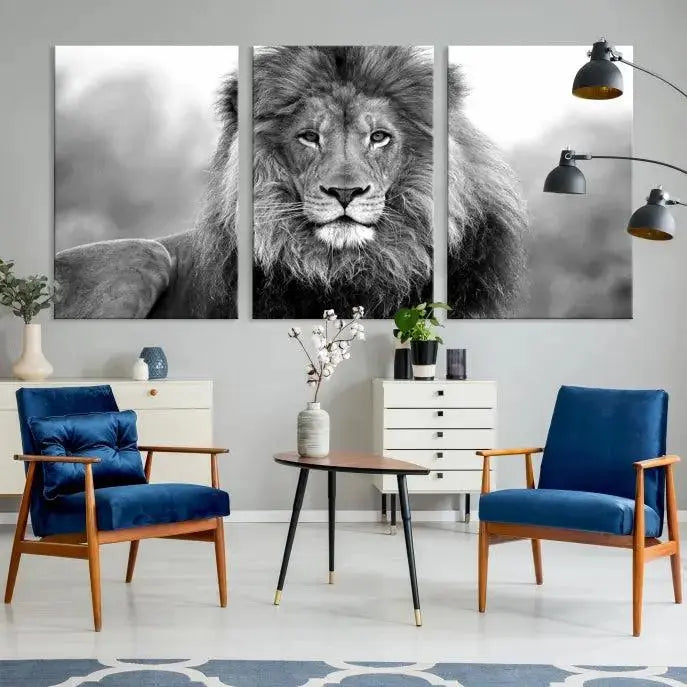 The contemporary living room features the Black and White Lion Canvas Wall Art Animal Print, which brings sophistication to the wall. Its museum-quality canvas and UV-protective coating ensure its lasting vibrancy.