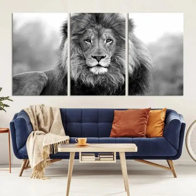 The contemporary living room features the Black and White Lion Canvas Wall Art Animal Print, which brings sophistication to the wall. Its museum-quality canvas and UV-protective coating ensure its lasting vibrancy.