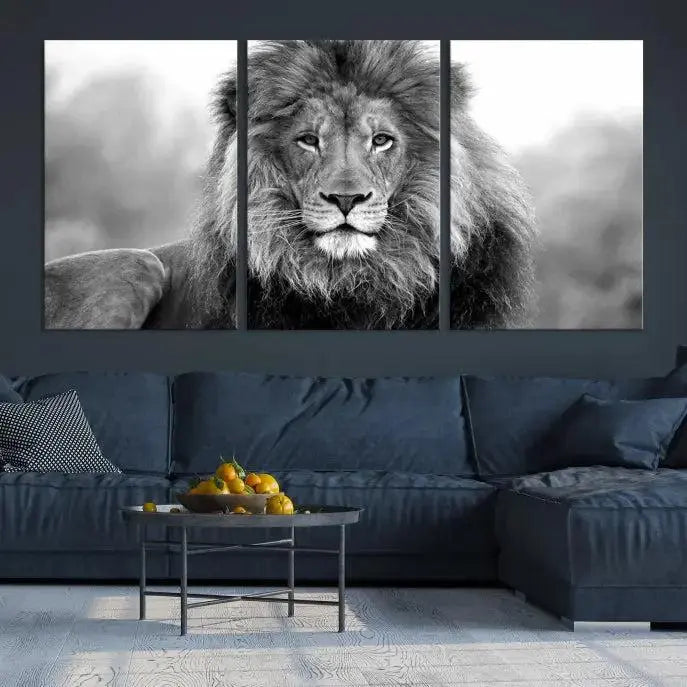 Black and White Lion Canvas Wall Art Animal Print 