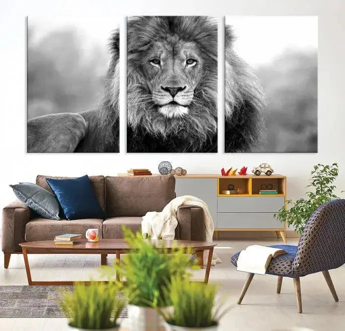 Black and White Lion Canvas Wall Art Animal Print 