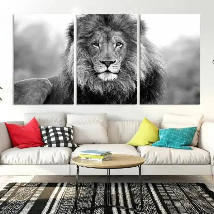 Black and White Lion Canvas Wall Art Animal Print 