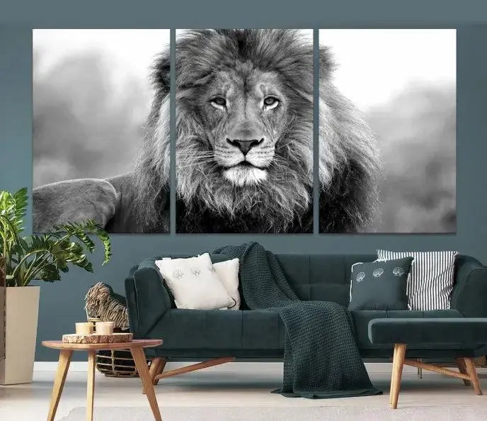 Black and White Lion Canvas Wall Art Animal Print 