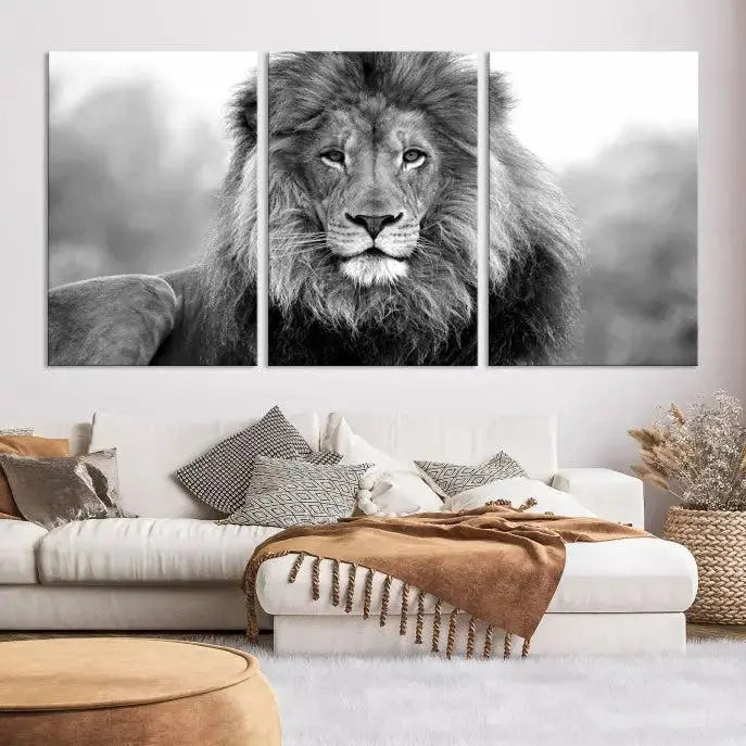 The contemporary living room features the Black and White Lion Canvas Wall Art Animal Print, which brings sophistication to the wall. Its museum-quality canvas and UV-protective coating ensure its lasting vibrancy.