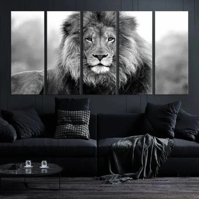 The contemporary living room features the Black and White Lion Canvas Wall Art Animal Print, which brings sophistication to the wall. Its museum-quality canvas and UV-protective coating ensure its lasting vibrancy.