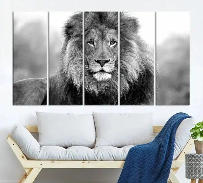 The contemporary living room features the Black and White Lion Canvas Wall Art Animal Print, which brings sophistication to the wall. Its museum-quality canvas and UV-protective coating ensure its lasting vibrancy.