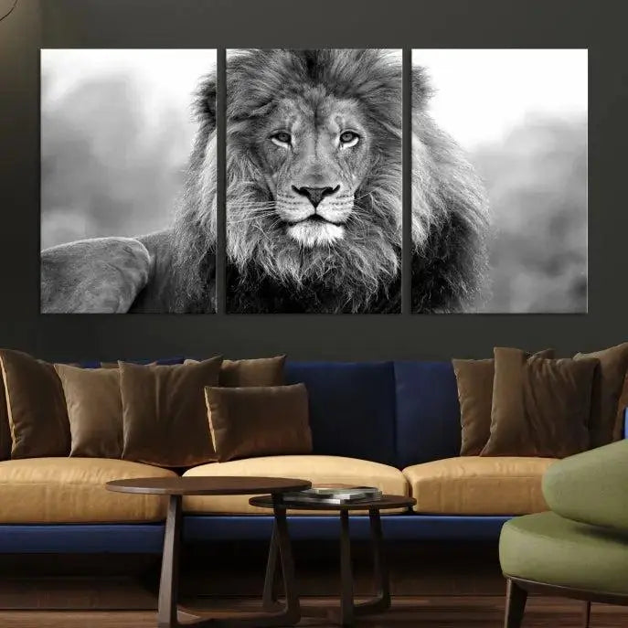 The contemporary living room features the Black and White Lion Canvas Wall Art Animal Print, which brings sophistication to the wall. Its museum-quality canvas and UV-protective coating ensure its lasting vibrancy.