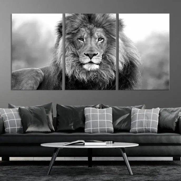 The contemporary living room features the Black and White Lion Canvas Wall Art Animal Print, which brings sophistication to the wall. Its museum-quality canvas and UV-protective coating ensure its lasting vibrancy.