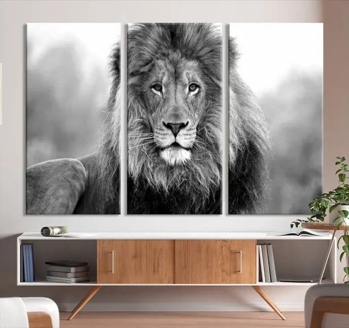 The contemporary living room features the Black and White Lion Canvas Wall Art Animal Print, which brings sophistication to the wall. Its museum-quality canvas and UV-protective coating ensure its lasting vibrancy.