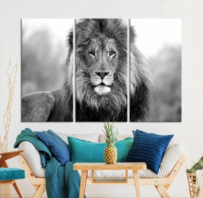 Black and White Lion Canvas Wall Art Animal Print 