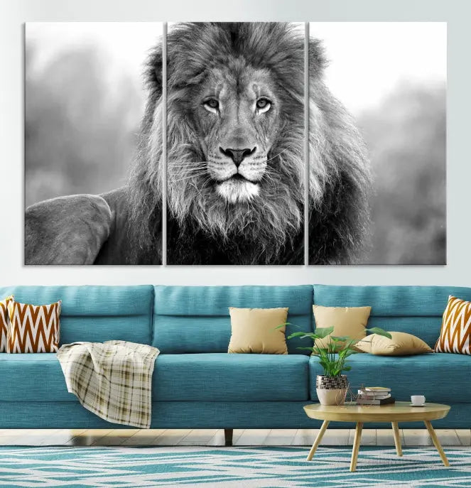 Black and White Lion Canvas Wall Art Animal Print 