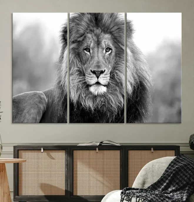 Black and White Lion Canvas Wall Art Animal Print 