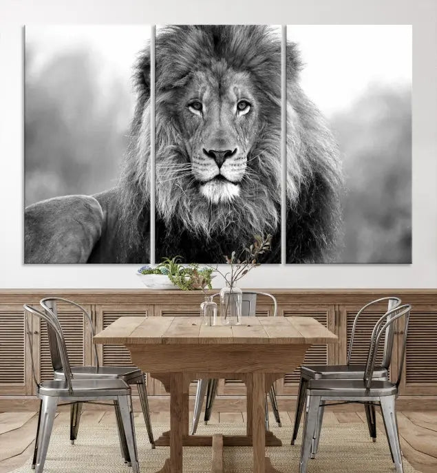 The contemporary living room features the Black and White Lion Canvas Wall Art Animal Print, which brings sophistication to the wall. Its museum-quality canvas and UV-protective coating ensure its lasting vibrancy.