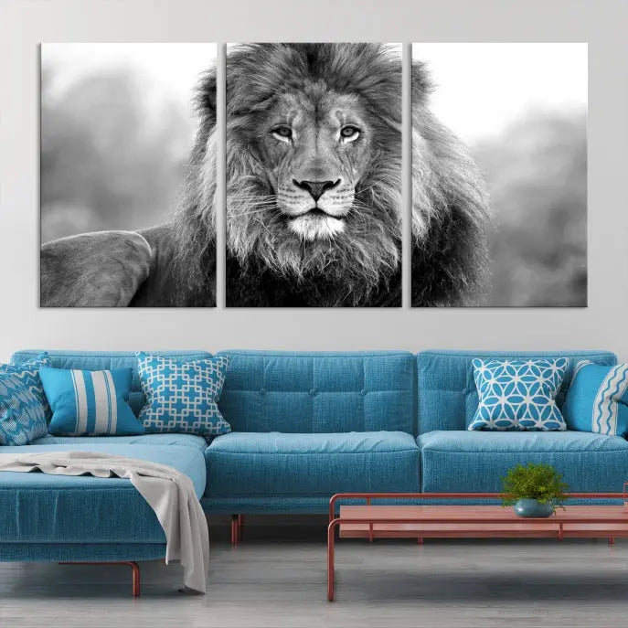 The contemporary living room features the Black and White Lion Canvas Wall Art Animal Print, which brings sophistication to the wall. Its museum-quality canvas and UV-protective coating ensure its lasting vibrancy.