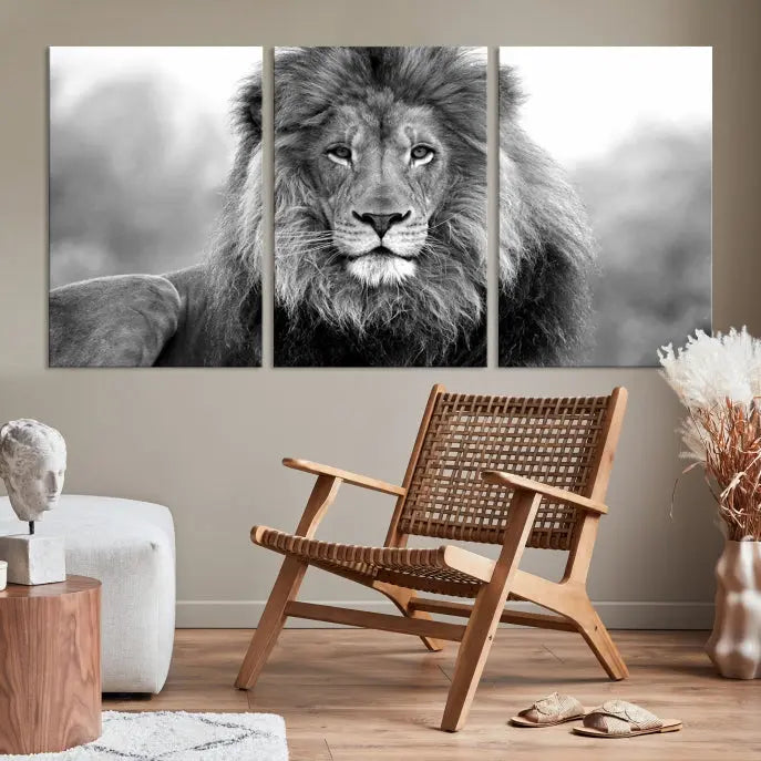 The contemporary living room features the Black and White Lion Canvas Wall Art Animal Print, which brings sophistication to the wall. Its museum-quality canvas and UV-protective coating ensure its lasting vibrancy.