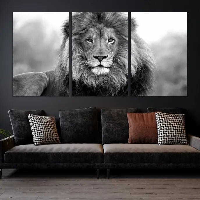 The contemporary living room features the Black and White Lion Canvas Wall Art Animal Print, which brings sophistication to the wall. Its museum-quality canvas and UV-protective coating ensure its lasting vibrancy.