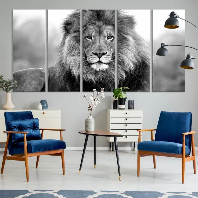 The contemporary living room features the Black and White Lion Canvas Wall Art Animal Print, which brings sophistication to the wall. Its museum-quality canvas and UV-protective coating ensure its lasting vibrancy.