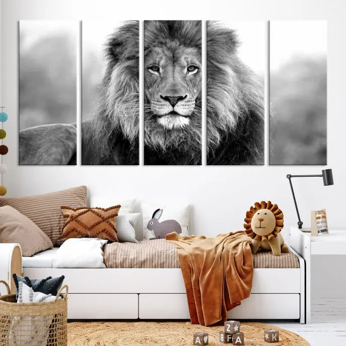 The contemporary living room features the Black and White Lion Canvas Wall Art Animal Print, which brings sophistication to the wall. Its museum-quality canvas and UV-protective coating ensure its lasting vibrancy.