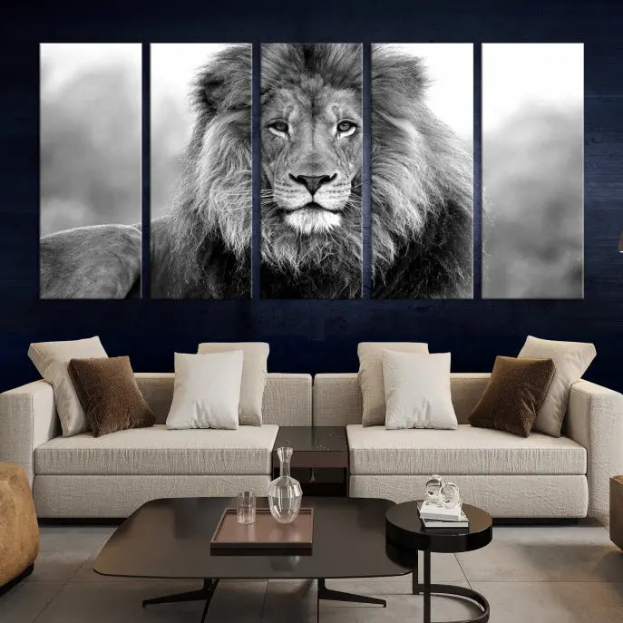 The contemporary living room features the Black and White Lion Canvas Wall Art Animal Print, which brings sophistication to the wall. Its museum-quality canvas and UV-protective coating ensure its lasting vibrancy.