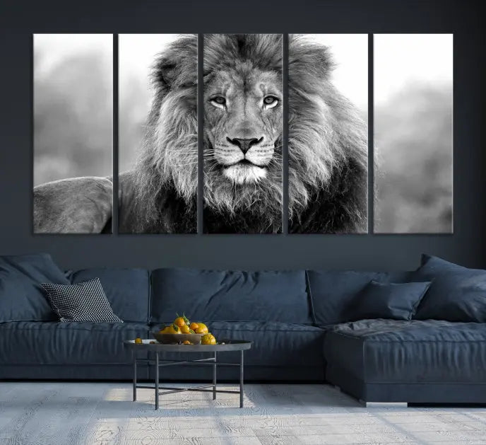 The contemporary living room features the Black and White Lion Canvas Wall Art Animal Print, which brings sophistication to the wall. Its museum-quality canvas and UV-protective coating ensure its lasting vibrancy.