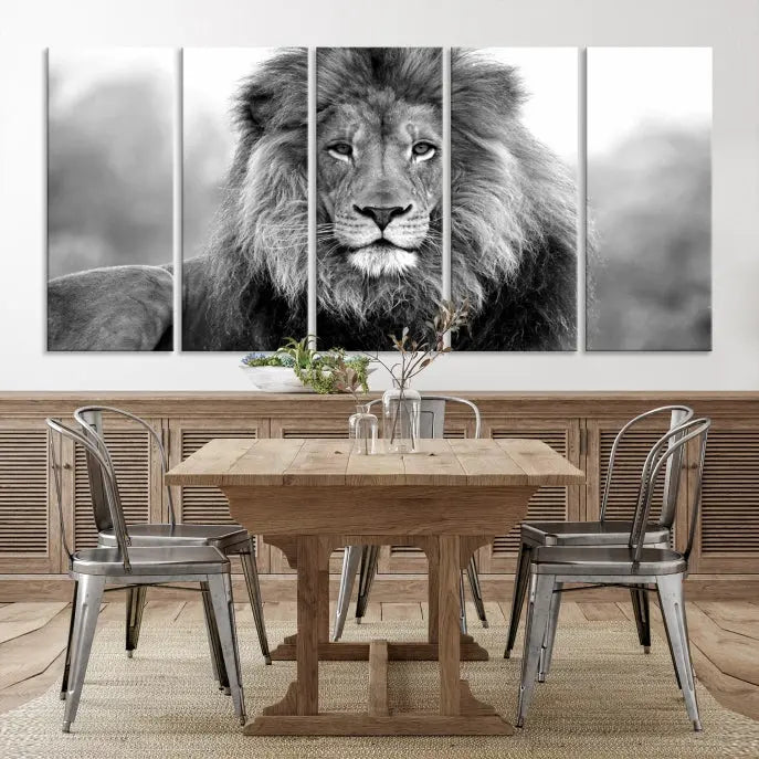 The contemporary living room features the Black and White Lion Canvas Wall Art Animal Print, which brings sophistication to the wall. Its museum-quality canvas and UV-protective coating ensure its lasting vibrancy.