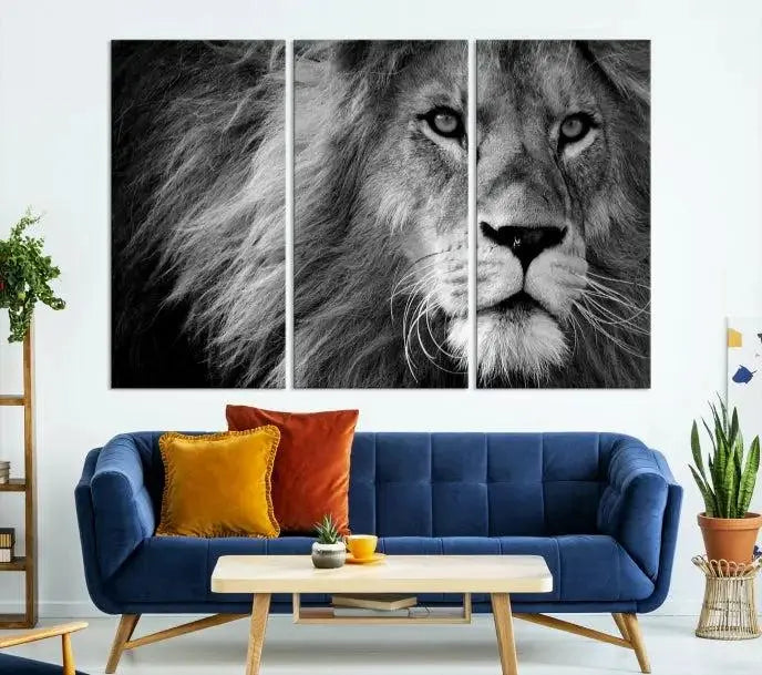 The Black and White Lion Canvas Wall Art Print, a hand-assembled triptych featuring the majestic face of a lion, hangs above. These stunning canvas prints come with free shipping.