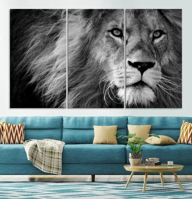 The Black and White Lion Canvas Wall Art Print, a hand-assembled triptych featuring the majestic face of a lion, hangs above. These stunning canvas prints come with free shipping.