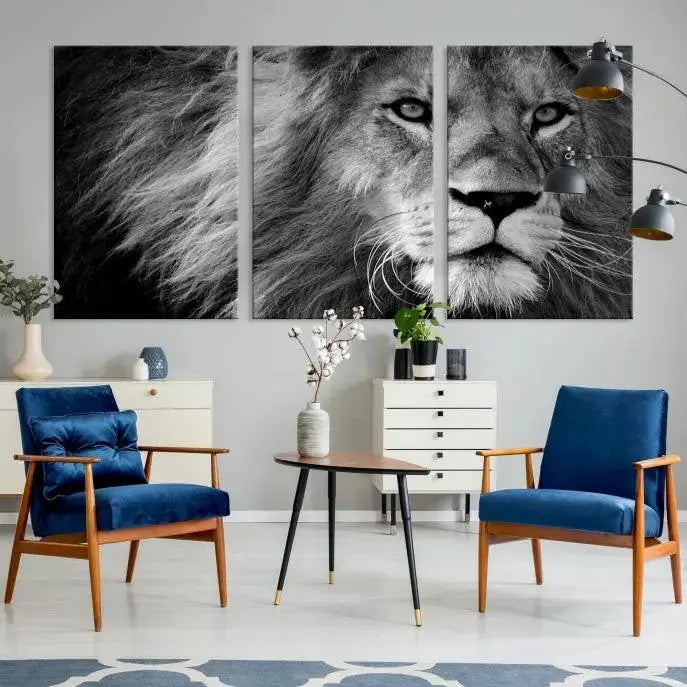 The Black and White Lion Canvas Wall Art Print, a hand-assembled triptych featuring the majestic face of a lion, hangs above. These stunning canvas prints come with free shipping.