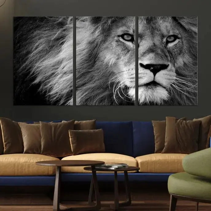 The Black and White Lion Canvas Wall Art Print, a hand-assembled triptych featuring the majestic face of a lion, hangs above. These stunning canvas prints come with free shipping.