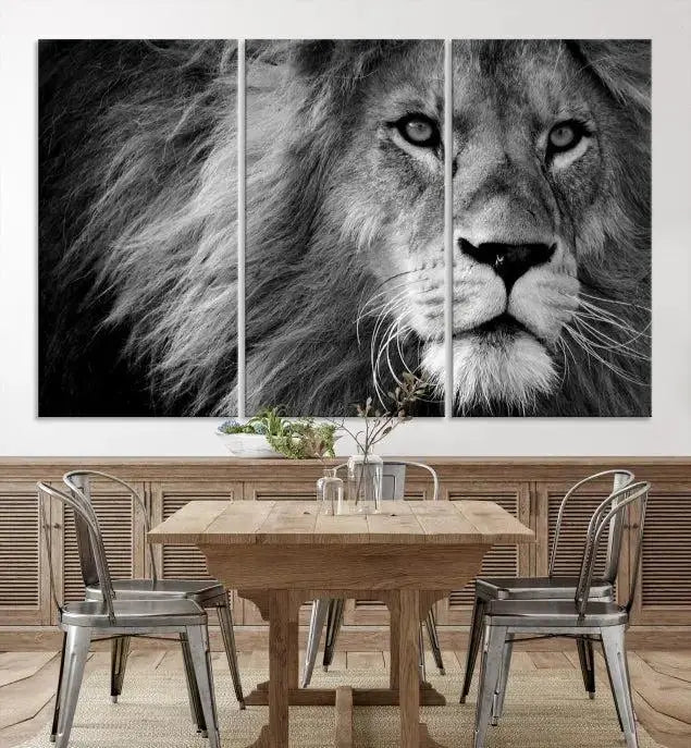 The Black and White Lion Canvas Wall Art Print, a hand-assembled triptych featuring the majestic face of a lion, hangs above. These stunning canvas prints come with free shipping.