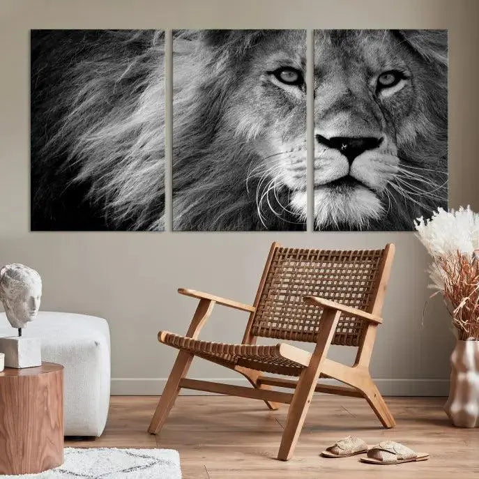 The Black and White Lion Canvas Wall Art Print, a hand-assembled triptych featuring the majestic face of a lion, hangs above. These stunning canvas prints come with free shipping.