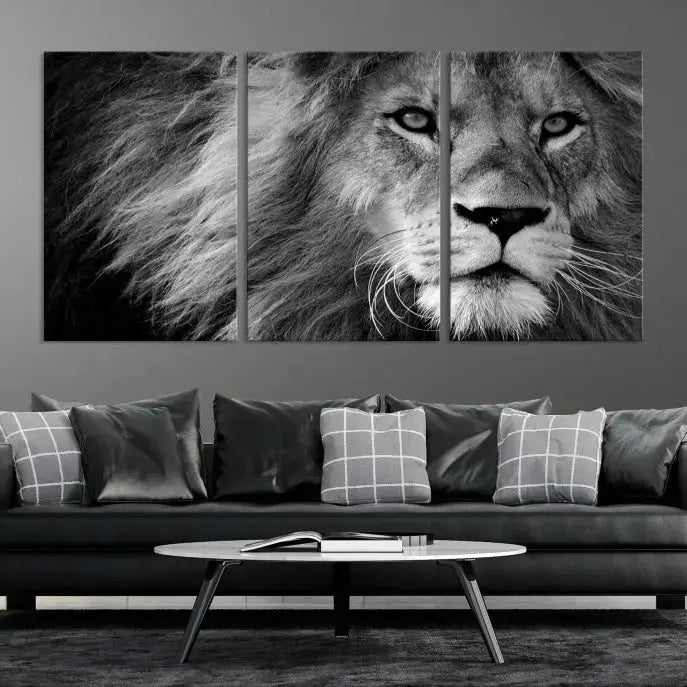 The Black and White Lion Canvas Wall Art Print, a hand-assembled triptych featuring the majestic face of a lion, hangs above. These stunning canvas prints come with free shipping.