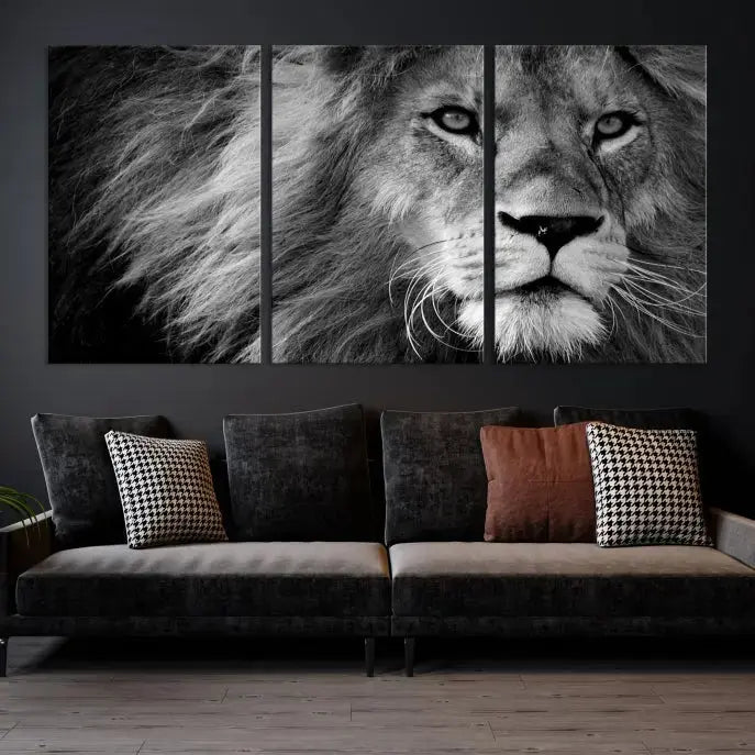 The Black and White Lion Canvas Wall Art Print, a hand-assembled triptych featuring the majestic face of a lion, hangs above. These stunning canvas prints come with free shipping.