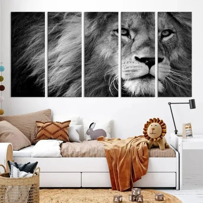 The Black and White Lion Canvas Wall Art Print, a hand-assembled triptych featuring the majestic face of a lion, hangs above. These stunning canvas prints come with free shipping.