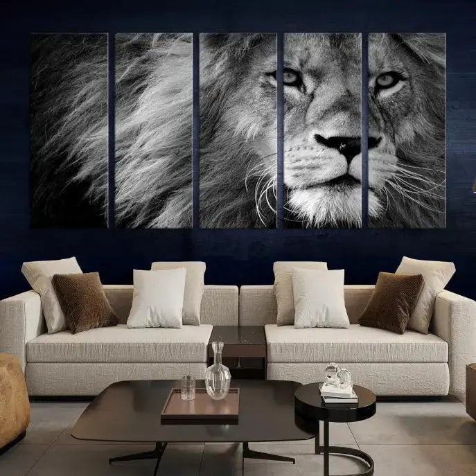 The Black and White Lion Canvas Wall Art Print, a hand-assembled triptych featuring the majestic face of a lion, hangs above. These stunning canvas prints come with free shipping.