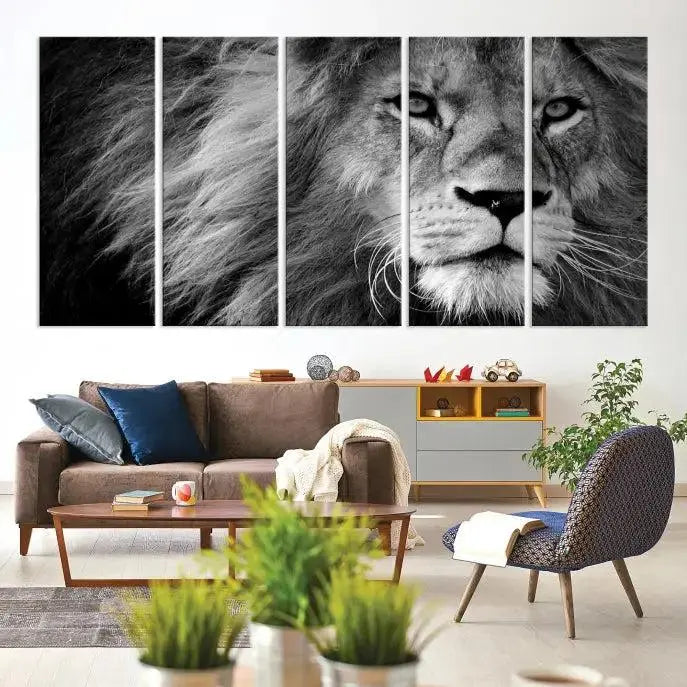 The Black and White Lion Canvas Wall Art Print, a hand-assembled triptych featuring the majestic face of a lion, hangs above. These stunning canvas prints come with free shipping.