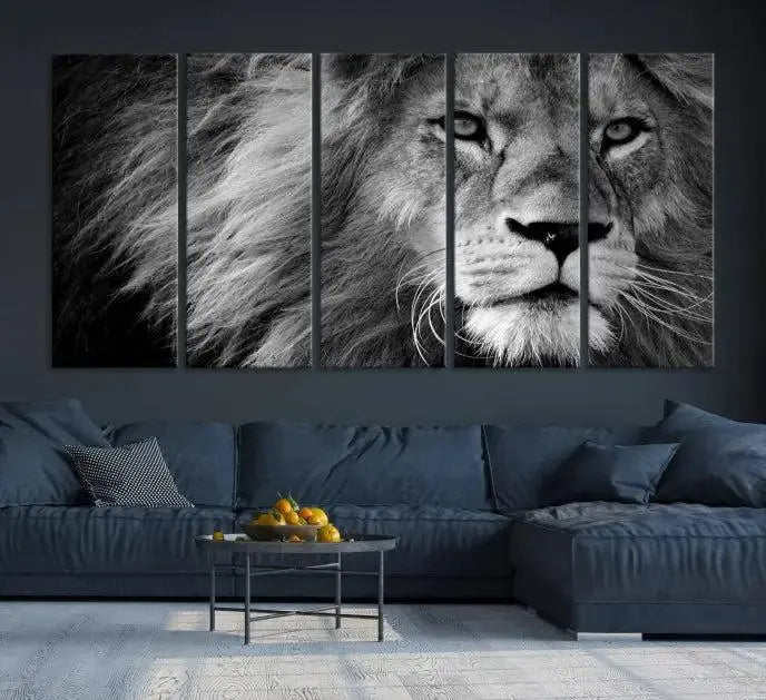 The Black and White Lion Canvas Wall Art Print, a hand-assembled triptych featuring the majestic face of a lion, hangs above. These stunning canvas prints come with free shipping.