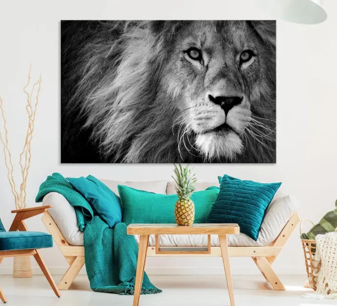 The Black and White Lion Canvas Wall Art Print, a hand-assembled triptych featuring the majestic face of a lion, hangs above. These stunning canvas prints come with free shipping.