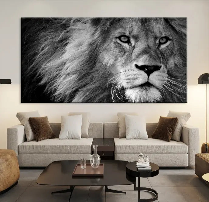 The Black and White Lion Canvas Wall Art Print, a hand-assembled triptych featuring the majestic face of a lion, hangs above. These stunning canvas prints come with free shipping.