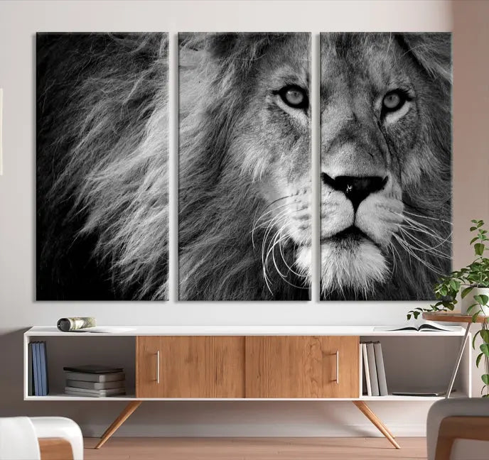 The Black and White Lion Canvas Wall Art Print, a hand-assembled triptych featuring the majestic face of a lion, hangs above. These stunning canvas prints come with free shipping.