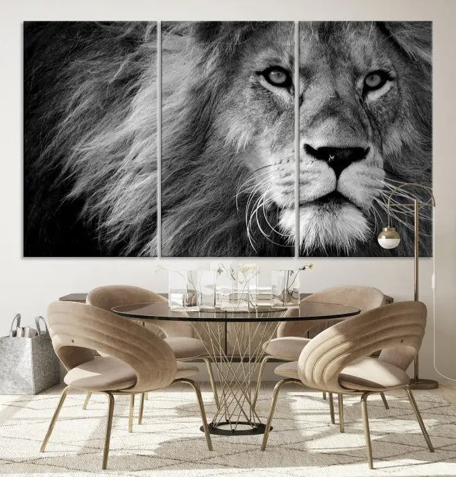 The Black and White Lion Canvas Wall Art Print, a hand-assembled triptych featuring the majestic face of a lion, hangs above. These stunning canvas prints come with free shipping.