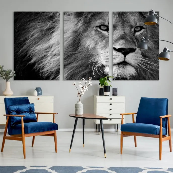 The Black and White Lion Canvas Wall Art Print, a hand-assembled triptych featuring the majestic face of a lion, hangs above. These stunning canvas prints come with free shipping.