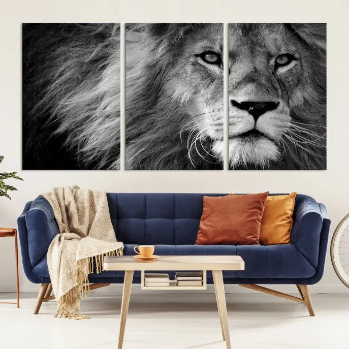 The Black and White Lion Canvas Wall Art Print, a hand-assembled triptych featuring the majestic face of a lion, hangs above. These stunning canvas prints come with free shipping.