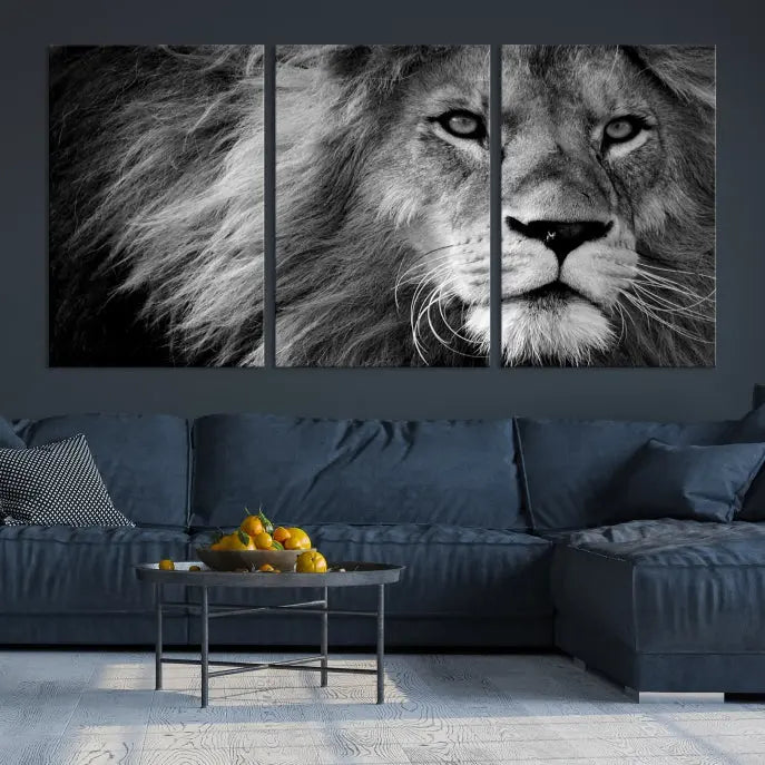 The Black and White Lion Canvas Wall Art Print, a hand-assembled triptych featuring the majestic face of a lion, hangs above. These stunning canvas prints come with free shipping.