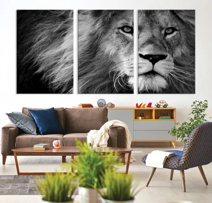 The Black and White Lion Canvas Wall Art Print, a hand-assembled triptych featuring the majestic face of a lion, hangs above. These stunning canvas prints come with free shipping.