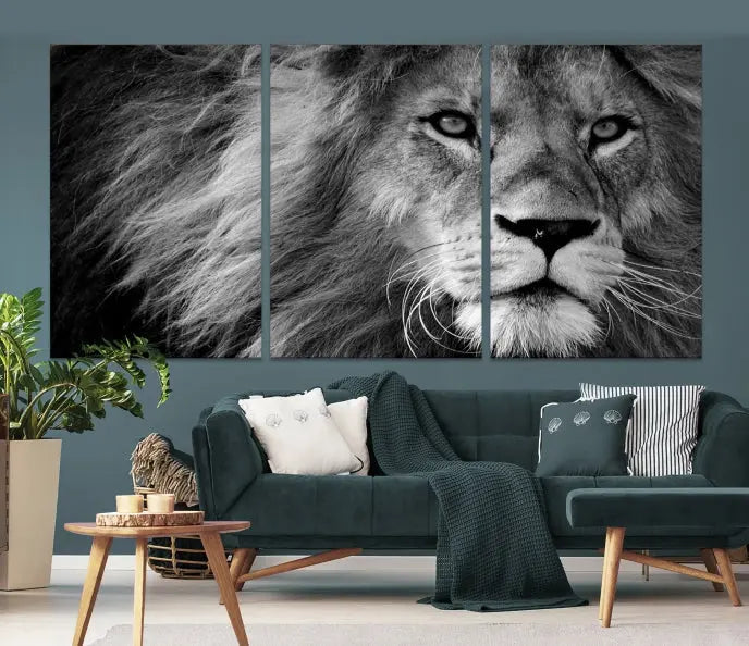 The Black and White Lion Canvas Wall Art Print, a hand-assembled triptych featuring the majestic face of a lion, hangs above. These stunning canvas prints come with free shipping.