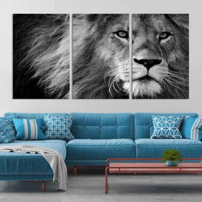 The Black and White Lion Canvas Wall Art Print, a hand-assembled triptych featuring the majestic face of a lion, hangs above. These stunning canvas prints come with free shipping.