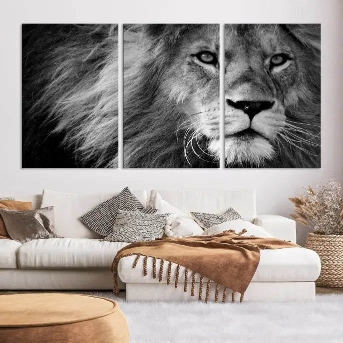 The Black and White Lion Canvas Wall Art Print, a hand-assembled triptych featuring the majestic face of a lion, hangs above. These stunning canvas prints come with free shipping.