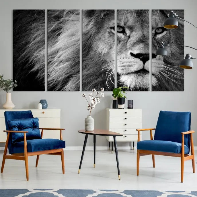 The Black and White Lion Canvas Wall Art Print, a hand-assembled triptych featuring the majestic face of a lion, hangs above. These stunning canvas prints come with free shipping.