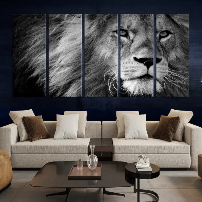 The Black and White Lion Canvas Wall Art Print, a hand-assembled triptych featuring the majestic face of a lion, hangs above. These stunning canvas prints come with free shipping.