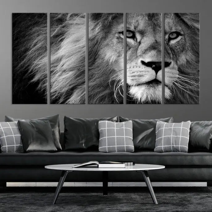 The Black and White Lion Canvas Wall Art Print, a hand-assembled triptych featuring the majestic face of a lion, hangs above. These stunning canvas prints come with free shipping.